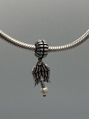 Pandora Sterling Silver Angel Wing Dangle Charm with Pearl- Vintage Retired